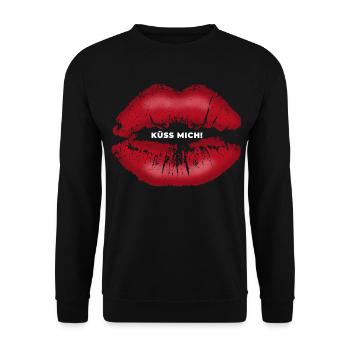 Küss mich! Kussmund mit Lippenstift Lippe Spruch - Unisex Pullover - Schwarz - Vorne - Alina (178cm) & Michal (187cm)