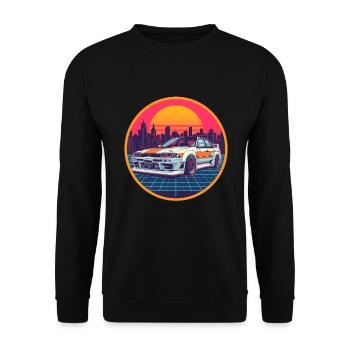 Retro 80er JDM Limousine Neon Cyber City Emblem - Unisex Pullover - Schwarz - Vorne - Alina (178cm) & Michal (187cm)