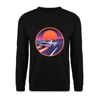 Retro 80er Cyber Supercar Neon Highway Emblem - Unisex Pullover - Schwarz - Vorne - Alina (178cm) & Michal (187cm)