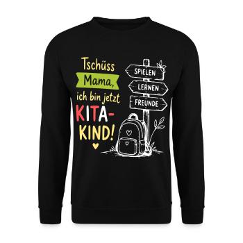 KitaKind Abschied Motiv Schild und Rucksack - Unisex Pullover - Schwarz - Vorne - Alina (178cm) & Michal (187cm)