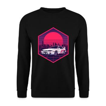 90er Synthwave R32 Racing JDM Neon Hex-Aufkleber - Unisex Pullover - Schwarz - Vorne - Alina (178cm) & Michal (187cm)