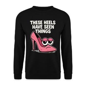 These heels have seen things | Comic High Heels - Unisex Pullover - Schwarz - Vorne - Alina (178cm) & Michal (187cm)