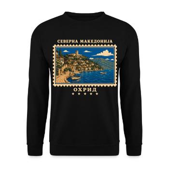Nordmazedonien Ohrid Vintage Reisemarke - Unisex Pullover - Schwarz - Vorne - Alina (178cm) & Michal (187cm)