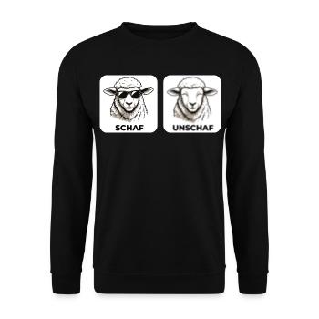 Schaf Unschaf - Wortspiel mit unscharf und Schaf - Unisex Pullover - Schwarz - Vorne - Alina (178cm) & Michal (187cm)