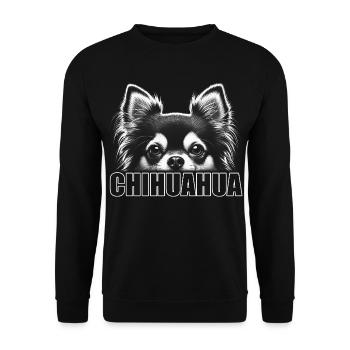 Chihuahua Porträt mit horizontalem Schriftzug - Unisex Pullover - Schwarz - Vorne - Alina (178cm) & Michal (187cm)