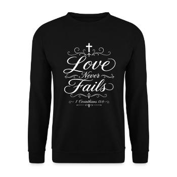 Liebe versagt nie – Christlich – Korinther - Unisex Pullover - Schwarz - Vorne - Alina (178cm) & Michal (187cm)