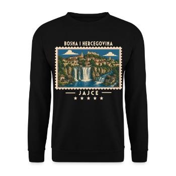 Bosnien und Herzegowina Jajce Vintage Reisemarke - Unisex Pullover - Schwarz - Vorne - Alina (178cm) & Michal (187cm)