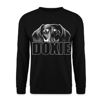Dackel Porträt mit Schriftzug DOXIE - Unisex Pullover - Schwarz - Vorne - Alina (178cm) & Michal (187cm)