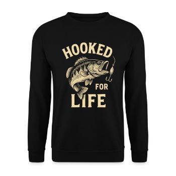 Angler T-Shirt Hooked for Life – Fisch am Haken - Unisex Pullover - Schwarz - Vorne - Alina (178cm) & Michal (187cm)