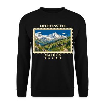 Liechtenstein Malbun Vintage Reisemarke - Unisex Pullover - Schwarz - Vorne - Alina (178cm) & Michal (187cm)