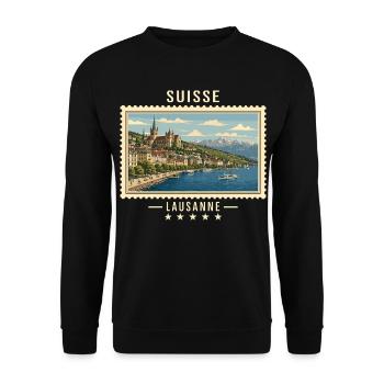 Schweiz Lausanne Vintage Reisemarke - Unisex Pullover - Schwarz - Vorne - Alina (178cm) & Michal (187cm)