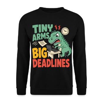 T-Rex mit kleinen Armen im Büro - Unisex Pullover - Schwarz - Vorne - Alina (178cm) & Michal (187cm)