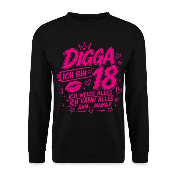 18. Geburtstag Mädchen 18 Jahre 2008 lustig Digga - Unisex Pullover - Schwarz - Vorne - Alina (178cm) & Michal (187cm)