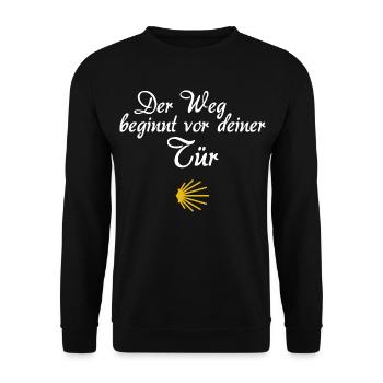 Der Weg beginnt vor deiner Tür | Jakobsweg, Pilger - Unisex Pullover - Schwarz - Vorne - Alina (178cm) & Michal (187cm)