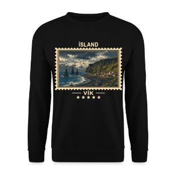 Island Vík Vintage Reisemarke - Unisex Pullover - Schwarz - Vorne - Alina (178cm) & Michal (187cm)