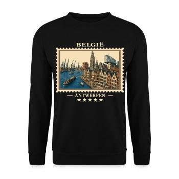 Belgien Antwerpen Vintage Reisemarke - Unisex Pullover - Schwarz - Vorne - Alina (178cm) & Michal (187cm)