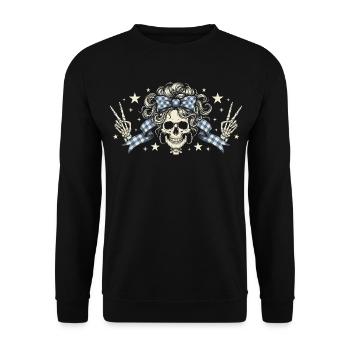 Schädel mit Karo Band - Unisex Pullover - Schwarz - Vorne - Alina (178cm) & Michal (187cm)
