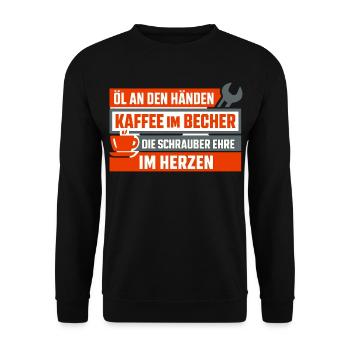 Öl an den Händen, Kaffee im Becher - Unisex Pullover - Schwarz - Vorne - Alina (178cm) & Michal (187cm)