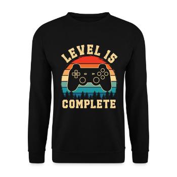 Level 15 complete – 15th anniversary gift - Unisex Sweatshirt - black - Front - Alina (178cm) & Michal (187cm)