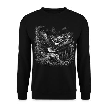 Fliegender Weißkopfseeadler mit Berglandschaft - Unisex Pullover - Schwarz - Vorne - Alina (178cm) & Michal (187cm)