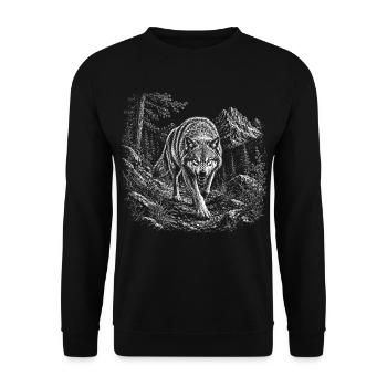 Loup sauvage dans un paysage montagneux dans un style graveur - Sweat-shirt Unisexe - noir - Devant - Alina (178cm) & Michal (187cm)