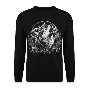 Loup hurlant dans un paysage montagneux dans un style graveur - Sweat-shirt Unisexe - noir - Devant - Alina (178cm) & Michal (187cm)