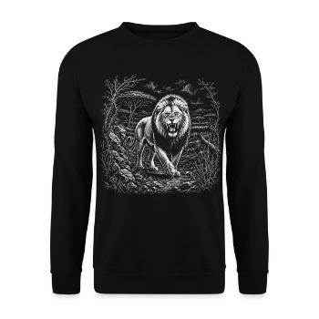 Roaring lion in wild savannah landscape - Unisex Sweatshirt - black - Front - Alina (178cm) & Michal (187cm)