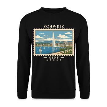 Schweiz Genf Vintage Reisemarke - Unisex Pullover - Schwarz - Vorne - Alina (178cm) & Michal (187cm)