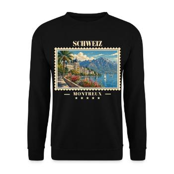 Schweiz Montreux Vintage Reisemarke - Unisex Pullover - Schwarz - Vorne - Alina (178cm) & Michal (187cm)