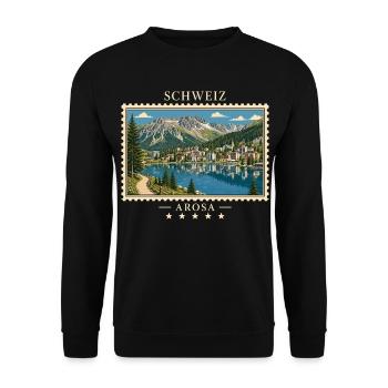 Schweiz Arosa Vintage Reisemarke - Unisex Pullover - Schwarz - Vorne - Alina (178cm) & Michal (187cm)