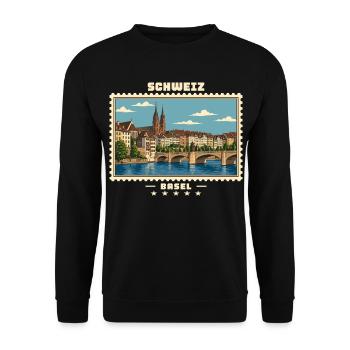 Schweiz Basel Vintage Reisemarke - Unisex Pullover - Schwarz - Vorne - Alina (178cm) & Michal (187cm)