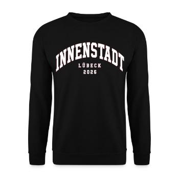 Innenstadt Lübeck 2026 Emblem - Unisex Pullover - Schwarz - Vorne - Alina (178cm) & Michal (187cm)
