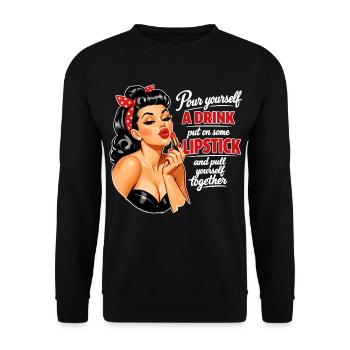 Pin-Up Girl mit Kussmund & Lippenstift Spruch - Unisex Pullover - Schwarz - Vorne - Alina (178cm) & Michal (187cm)