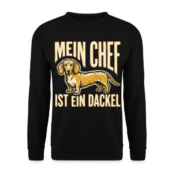 Mein Chef ist ein Dackel - Lustiger Dackel Spruch - Unisex Pullover - Schwarz - Vorne - Alina (178cm) & Michal (187cm)