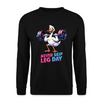 Never Skip Leg Day – Lustige Gans beim Kniebeugen - Unisex Pullover - Schwarz - Vorne - Alina (178cm) & Michal (187cm)