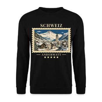 Schweiz Andermatt Winter Vintage Reisemarke - Unisex Pullover - Schwarz - Vorne - Alina (178cm) & Michal (187cm)