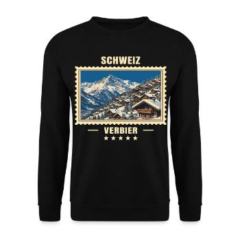 Schweiz Verbier Winter Vintage Reisemarke - Unisex Pullover - Schwarz - Vorne - Alina (178cm) & Michal (187cm)