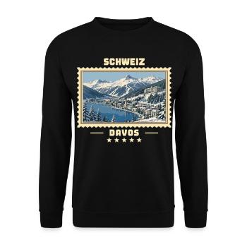 Schweiz Davos Winter Vintage Reisemarke - Unisex Pullover - Schwarz - Vorne - Alina (178cm) & Michal (187cm)