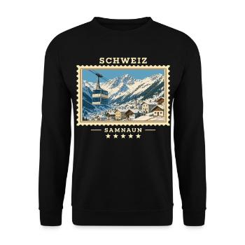 Schweiz Samnaun Winter Vintage Reisemarke - Unisex Pullover - Schwarz - Vorne - Alina (178cm) & Michal (187cm)