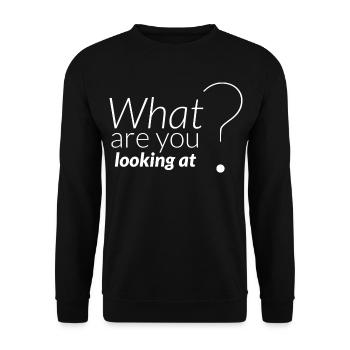 Was schaust du? Unhöfliche, freche sarkastische Texte. - Unisex Pullover - Schwarz - Vorne - Alina (178cm) & Michal (187cm)