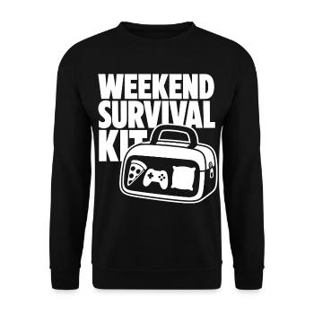 Weekend Survival Kit – Gaming Pizza und Schlaf - Unisex Pullover - Schwarz - Vorne - Alina (178cm) & Michal (187cm)