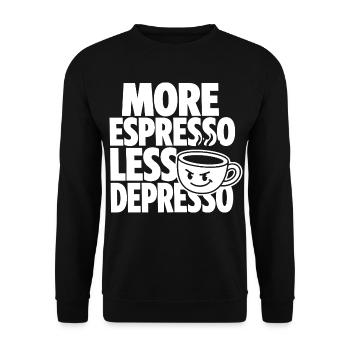More Espresso Less Depresso – Kaffee Humor - Unisex Pullover - Schwarz - Vorne - Alina (178cm) & Michal (187cm)