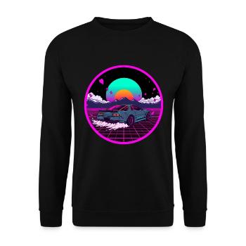 Retro JDM Vaporwave Grid Ästhetisches Streetwear-T-Shirt - Unisex Pullover - Schwarz - Vorne - Alina (178cm) & Michal (187cm)