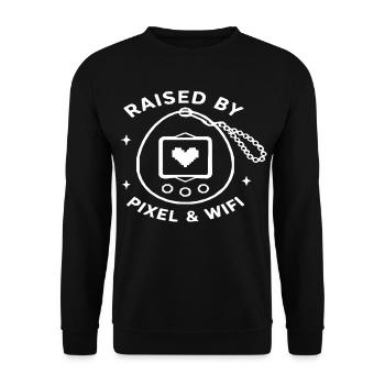 Aufgezogen von Pixel & WLAN - Unisex Pullover - Schwarz - Vorne - Alina (178cm) & Michal (187cm)