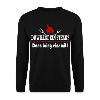 Du willst Steak Grillsprüche BBQ Grillparty - Unisex Pullover - Schwarz - Vorne - Alina (178cm) & Michal (187cm)
