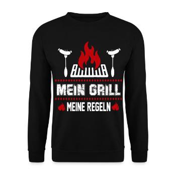 Mein Grill Meine Regeln Grillsprüche BBQ Grillfest - Unisex Pullover - Schwarz - Vorne - Alina (178cm) & Michal (187cm)