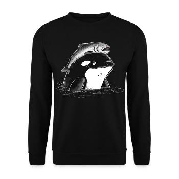 Orca Mit Lachs Hut Lachs Auf Kopf Wal  - Unisex Pullover - Schwarz - Vorne - Alina (178cm) & Michal (187cm)
