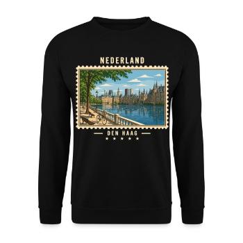Nederland Den Haag Vintage Reisemarke - Unisex Pullover - Schwarz - Vorne - Alina (178cm) & Michal (187cm)