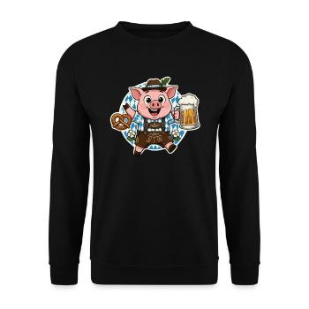 Bayerisches Schwein mit Lederhose Bier und Brezel - Unisex Pullover - Schwarz - Vorne - Alina (178cm) & Michal (187cm)