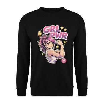 GRL PWR Anime Girl – Starke Frau zeigt Bizeps - Unisex Pullover - Schwarz - Vorne - Alina (178cm) & Michal (187cm)